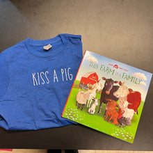 Load image into Gallery viewer, Youth Blue &quot;Kiss a Pig&quot; T-Shirt &amp; &quot;This Farm is a Family&quot; Book Bundle
